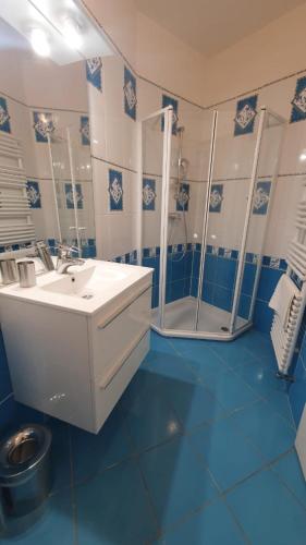La salle de bains bleue et blanche est pourvue d'un lavabo et d'une douche. dans l'établissement Villa eden blue F4 3, à Zonza