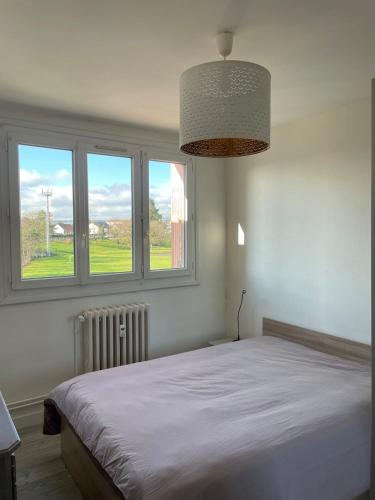une chambre avec un lit et deux fenêtres dans l'établissement Grand appartement avec balcon et 2 chambres, à Montluçon