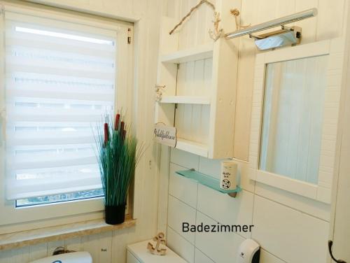 a bathroom with a window and a sink and a toilet at Möwe 30 in Mirow