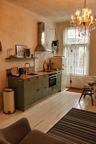 a kitchen with green cabinets and a stove top oven at Appartement Zeeuws genoegen in Vlissingen