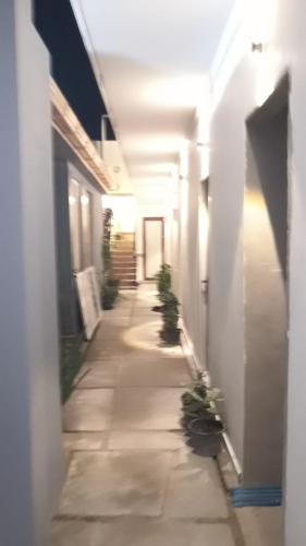a hallway of a building with potted plants at Sea Sun Stay in Maafushi