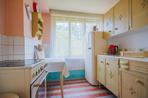 a small kitchen with a sink and a window at Domček 555 in Banská Štiavnica