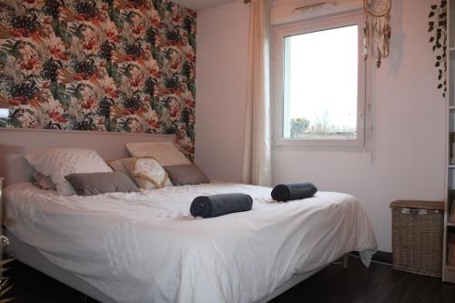 un lit avec deux oreillers dessus dans une chambre dans l'établissement Chez jades, à Saint-Julien-en-Genevois