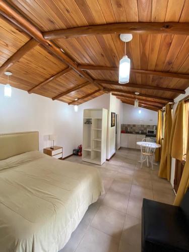 a large bedroom with a bed and a kitchen at Complejo Tajamar in Colón
