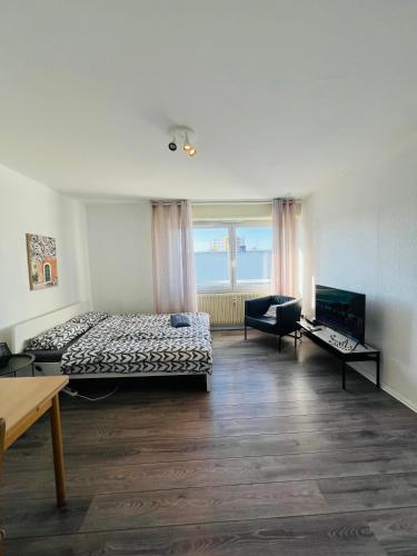 Cette chambre comprend un lit, un canapé et une télévision. dans l'établissement Modern flat DE -CH- Airport -Parking, à Huningue