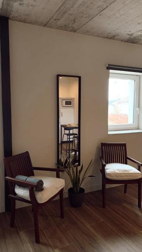 two chairs sitting in a room with a mirror at Láurea Ecocasona in Oreña