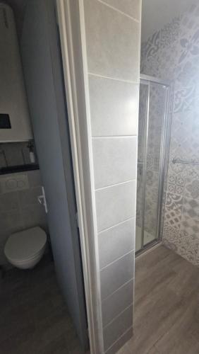 La salle de bains est pourvue de toilettes et d'une porte de douche en verre. dans l'établissement Villa Verger - Maison de plain pied - 2 chambres - clim - 2 grandes terrasses - proche plage et commerces, à Saint Cyprien Plage