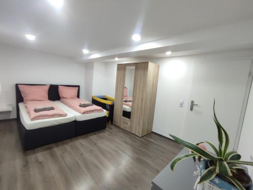 a bedroom with a bed with pink pillows and a mirror at Ferienhaus Stani in Eschwege
