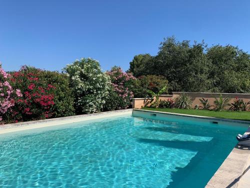 une piscine avec de l'eau bleue dans une cour dans l'établissement Le Domaine de l'Aiguille Alpilles, Eygalières, Saint Rémy de Provence, à Orgon