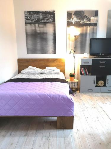 a bedroom with a purple bed and a flat screen tv at STARE MiASTO II in Olsztyn
