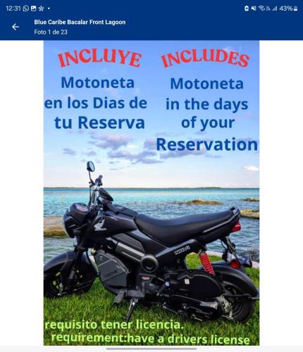 a motorcycle parked on the grass near the water at Blue Caribe Bacalar Front Lagoon in Bacalar