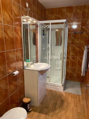 une salle de bain avec douche et lavabo dans l'établissement Royal Haveli, à Tergnier