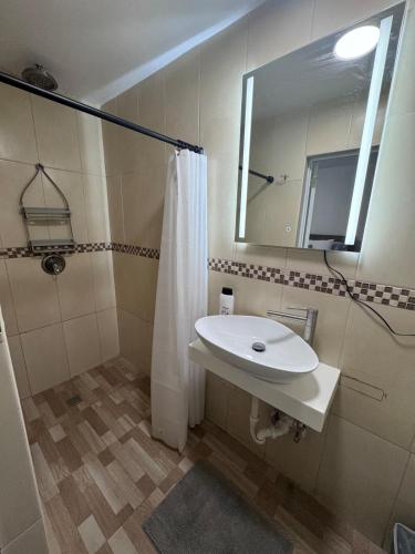 a bathroom with a white sink and a mirror at Porta Del Sol 103 in Aguadilla