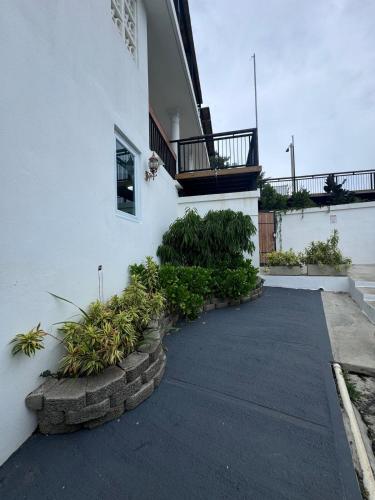 a white building with a courtyard with plants at Porta Del Sol 103 in Aguadilla