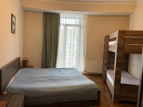 Un dormitorio con una litera y una ventana. en house in Forest, en Bakuriani