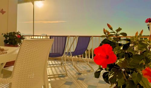 a balcony with a table and chairs and a red flower at PonzaSmeralda Le Forna in Ponza