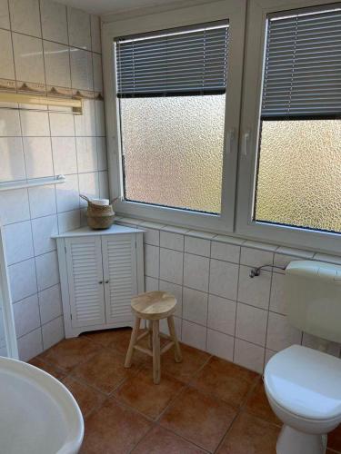 a bathroom with a toilet and a stool in it at Ferienwohnung Idylle auf Fehmarn II in Vitzdorf
