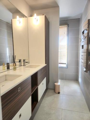 une salle de bain avec un lavabo et un miroir dans l'établissement Domaine dans les Vignes, à Roquefort-la-Bédoule