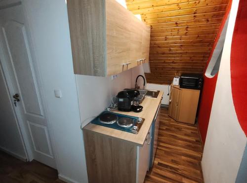 a small kitchen with a stove in a small room at Pension DonauBlick Grein 2 in Stifterstrasse 19A in Grein