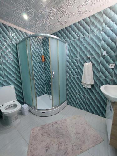 a bathroom with a shower and a toilet and a sink at villaLemoon in Belek
