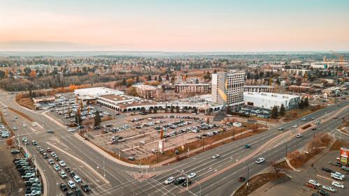 an aerial view of a city with a parking lot at Red Deer Resort & Casino in Red Deer