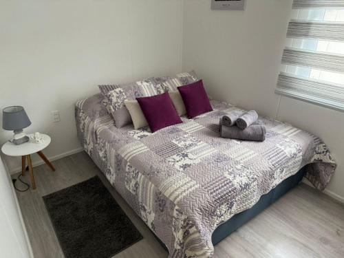 a bedroom with a bed with purple pillows at Departamento Pinela in Punta Arenas