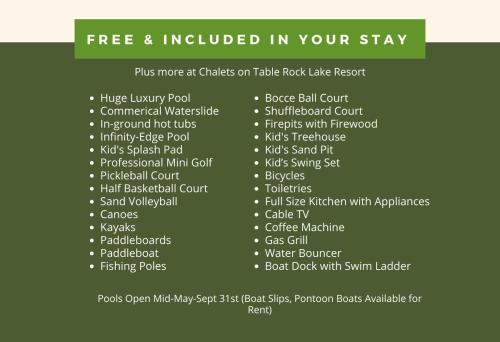 a green poster with the words free and included in your stay at Luxury Lakefront Chalet Resort 2 Pools FREE Amenities Dock Kayaks Waterslide in Lampe
