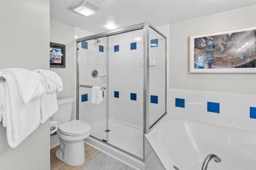 a bathroom with a shower and a toilet at Beach and Golf Oceanfront 3 Bdrm Newly Renovated in Pawleys Island
