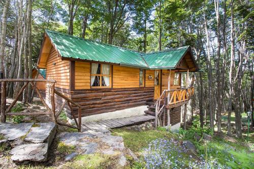 a log cabin in the woods with a green roof at Aldea Nevada in Ushuaia