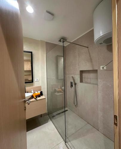 een badkamer met een douche met een glazen deur bij Vlora Studio in Vlorë