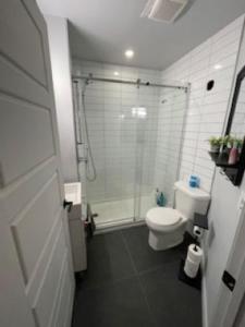 a bathroom with a shower and a white toilet at perfect 'lil condo in Mont-Tremblant