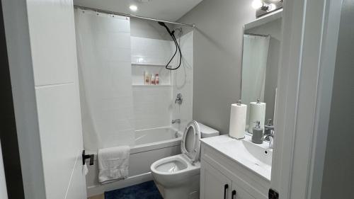a white bathroom with a toilet and a sink at Evelyn's Manor in Winnipeg