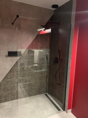a shower with a glass door in a bathroom at Leśny Wierch luxury spa villas in Bukowina Tatrzańska