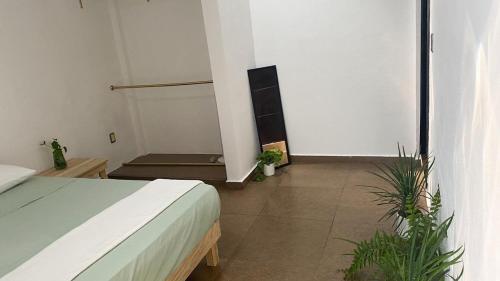 a bedroom with a bed and plants in a room at Heated pool, Casa Senda del Son-Cuautla in Los Limones