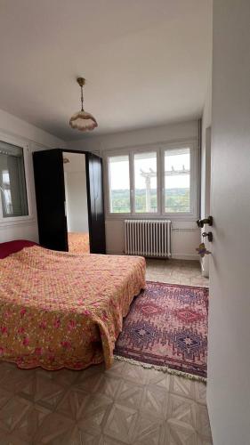 - une chambre avec un lit, un tapis et des fenêtres dans l'établissement Gîte Monatella, à Criel-sur-Mer