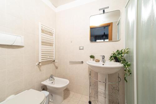a bathroom with a sink and a toilet and a mirror at Martesana Terrace Flat with garage - Ospedale San Raffaele in Vimodrone
