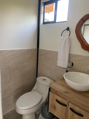 a bathroom with a toilet and a sink at Ribs coffee rock glamping in Circasia