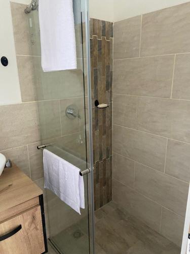 a shower stall with a glass door in a bathroom at Ribs coffee rock glamping in Circasia