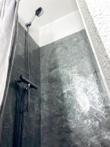 une douche avec pommeau de douche dans une salle de bain dans l'établissement Agréable appartement avec loggia, WIFI & parking proche plage, à Saint Cyprien Plage