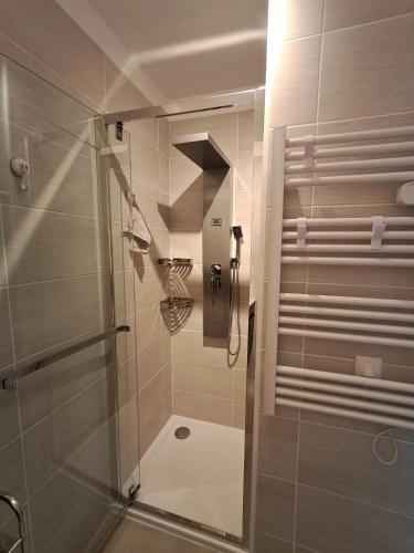 une douche avec une porte vitrée dans une salle de bain dans l'établissement Appartement cosy entièrement climatisé, à Saintes-Maries-de-la-Mer