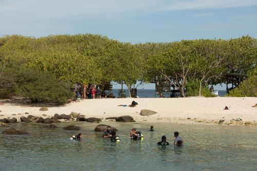 a group of people in the water at a beach at Nilaveli Beach Hotel in Nilaveli