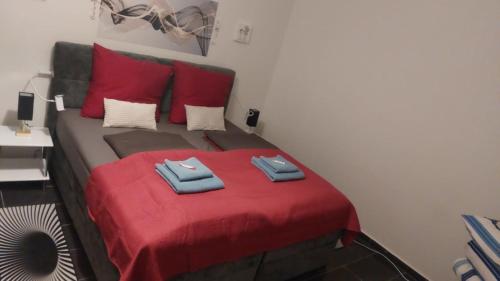 ein Schlafzimmer mit einem Bett mit roten Kissen in der Unterkunft rirodi01 in Gelsenkirchen