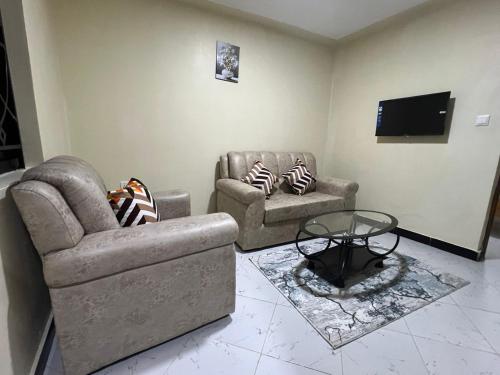 a living room with two chairs and a flat screen tv at Oltotoi Suites in Nairobi