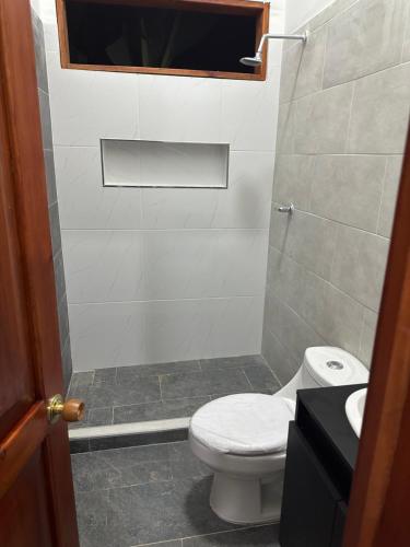 a small bathroom with a toilet and a sink at Eco Cabañas Montana in Santa Helena