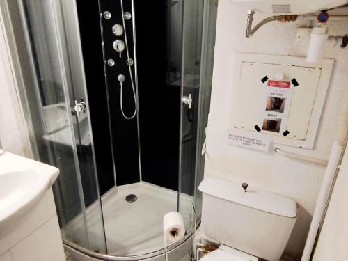 une petite salle de bain avec douche et toilettes dans l'établissement Studio au pied des pistes, idéal pour 4, bien équipé, balcon - FR-1-771-81, à Les Adrets