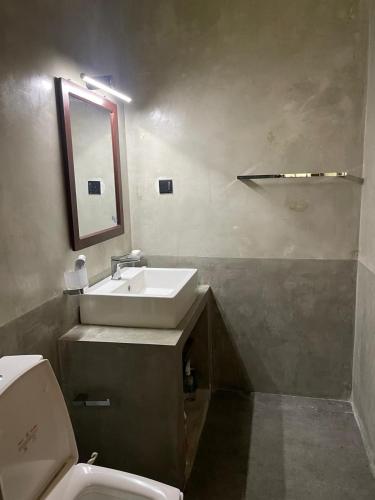 バラピティヤにあるSilva's Place, Rooms in Balapitiyaの洗面台、トイレ、鏡のあるバスルーム