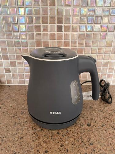a black tea kettle sitting on top of a counter at Premium Sirayama in Saga