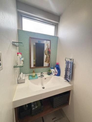 a bathroom with a sink and a mirror at Room Biotop YOMITAN in Yomitan