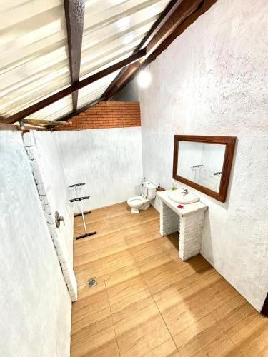 a bathroom with a toilet and a mirror at Pasir Putih Cottage - Menjangan in Banyuwedang
