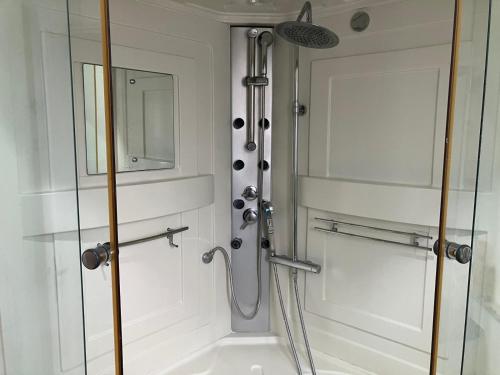 une douche dans une salle de bain avec une porte vitrée dans l'établissement 3 chambres cozy proche de Paris, à Argenteuil